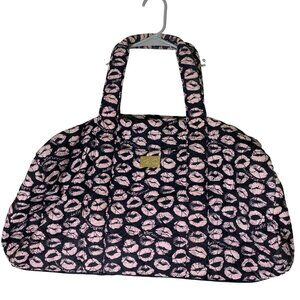 Luv Betsey Johnson Quilted Kiss Print Duffle Bag Black Pink Lips Travel Tote Y2K